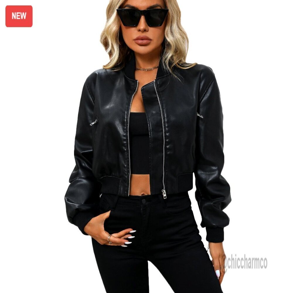 Faux Leather Varsity Bomber Jacket, Biker Style, Zipper Closure, Side Pockets